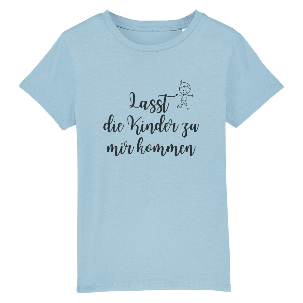 christliches T-Shirt für Kinder mit einem Unisex-Schnitt in hellblau aus 100 % Bio-Baumwolle mittig auf der Brust "Lasst die Kinder zu mir kommen" mit einem Kind. Erhältlich in den Größen 98/104 bis 152/164