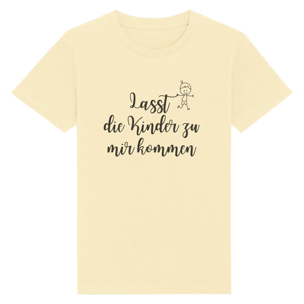 christliches T-Shirt für Kinder mit einem Unisex-Schnitt in hellgelb aus 100 % Bio-Baumwolle mittig auf der Brust "Lasst die Kinder zu mir kommen" mit einem Kind. Erhältlich in den Größen 98/104 bis 152/164