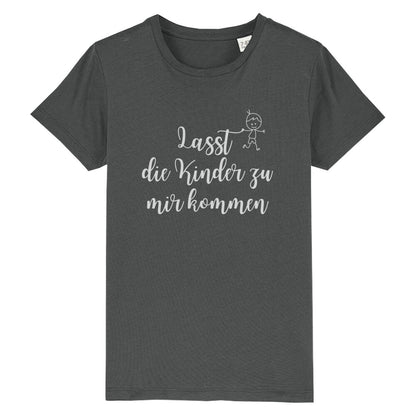 christliches T-Shirt für Kinder mit einem Unisex-Schnitt in anthrazit aus 100 % Bio-Baumwolle mittig auf der Brust "Lasst die Kinder zu mir kommen" mit einem Kind. Erhältlich in den Größen 98/104 bis 152/164