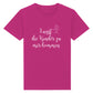 christliches T-Shirt für Kinder mit einem Unisex-Schnitt in lila aus 100 % Bio-Baumwolle mittig auf der Brust "Lasst die Kinder zu mir kommen" mit einem Kind. Erhältlich in den Größen 98/104 bis 152/164