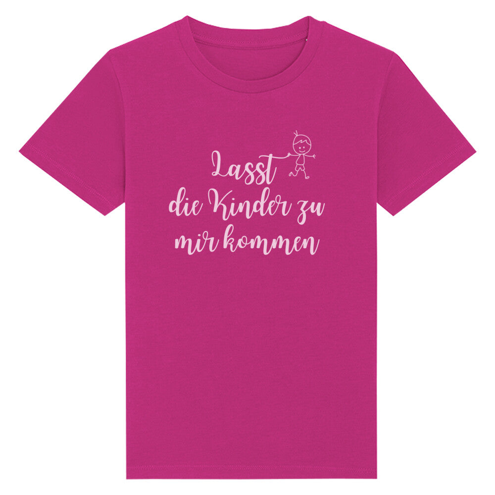 christliches T-Shirt für Kinder mit einem Unisex-Schnitt in lila aus 100 % Bio-Baumwolle mittig auf der Brust "Lasst die Kinder zu mir kommen" mit einem Kind. Erhältlich in den Größen 98/104 bis 152/164