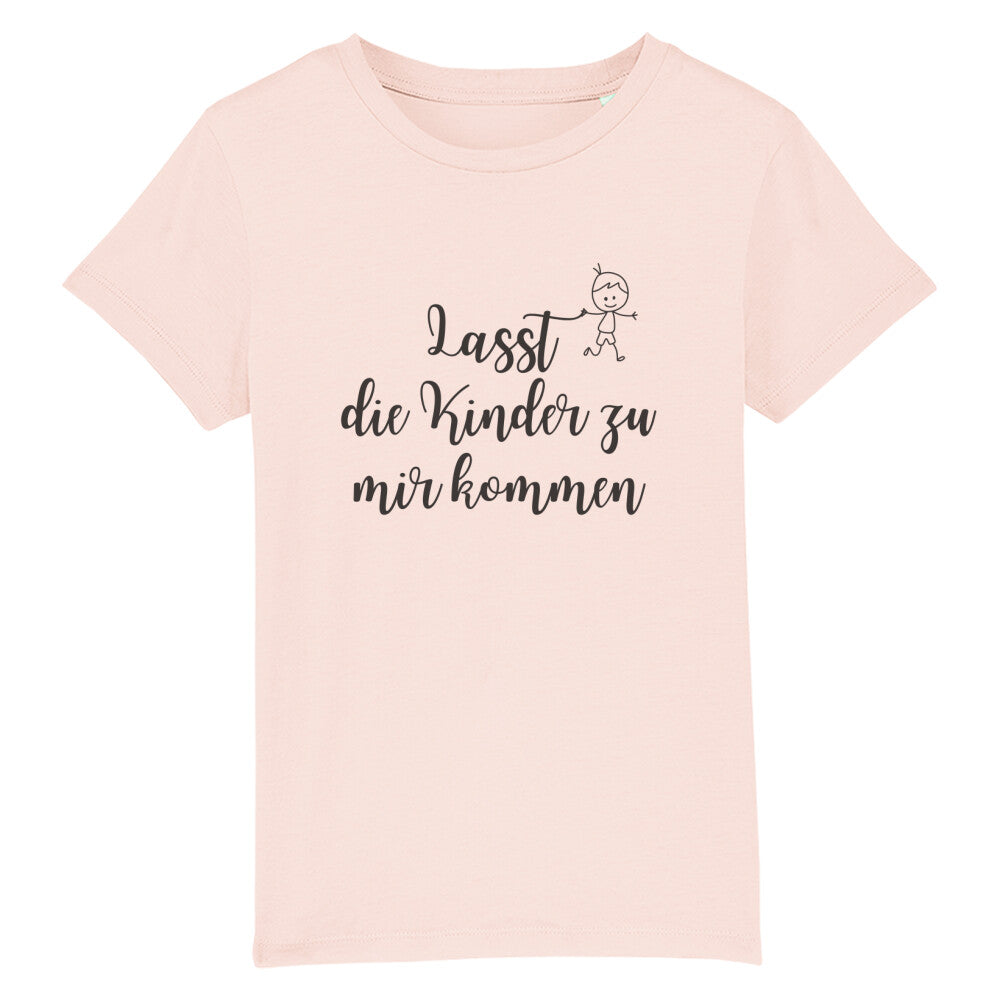 christliches T-Shirt für Kinder mit einem Unisex-Schnitt in pink aus 100 % Bio-Baumwolle mittig auf der Brust "Lasst die Kinder zu mir kommen" mit einem Kind. Erhältlich in den Größen 98/104 bis 152/164