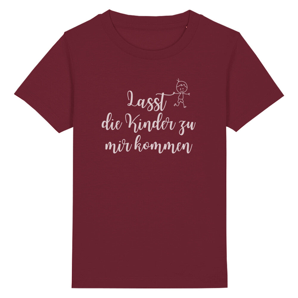 christliches T-Shirt für Kinder mit einem Unisex-Schnitt in dunkelrot aus 100 % Bio-Baumwolle mittig auf der Brust "Lasst die Kinder zu mir kommen" mit einem Kind. Erhältlich in den Größen 98/104 bis 152/164