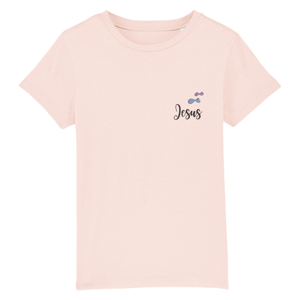 christliches T-Shirt für Kinder mit einem Unisex-Schnitt in pink aus 100 % Bio-Baumwolle rechts auf der Brust "Jesus" mit zwei Fischchen. Erhältlich in den Größen 98/104 bis 152/164