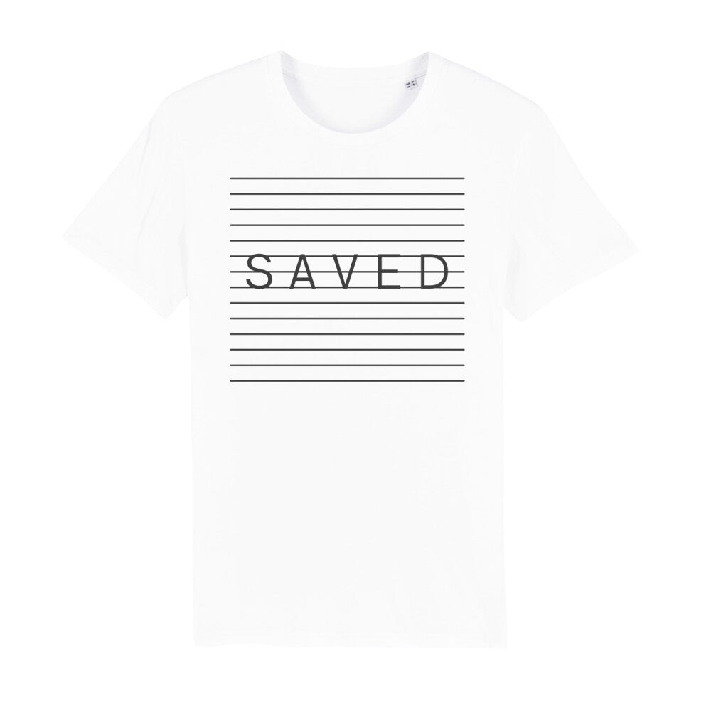 christliches T-Shirt mit einem Unisex-Schnitt in weiß aus 100 % Bio-Baumwolle auf der Vorderseite "SAVED" mittig auf der Brust. Erhältlich in den Größen S bis XXL