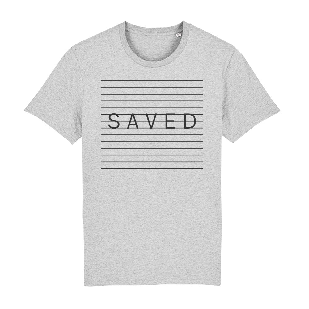 christliches T-Shirt mit einem Unisex-Schnitt in grau aus 100 % Bio-Baumwolle auf der Vorderseite "SAVED" mittig auf der Brust. Erhältlich in den Größen S bis XXL