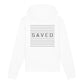 christlicher Hoodie mit einem Unisex-Schnitt in weiß aus Bio-Baumwolle auf der Vorderseite "SAVED" mittig auf der Brust. Erhältlich in den Größen XS bis XXL