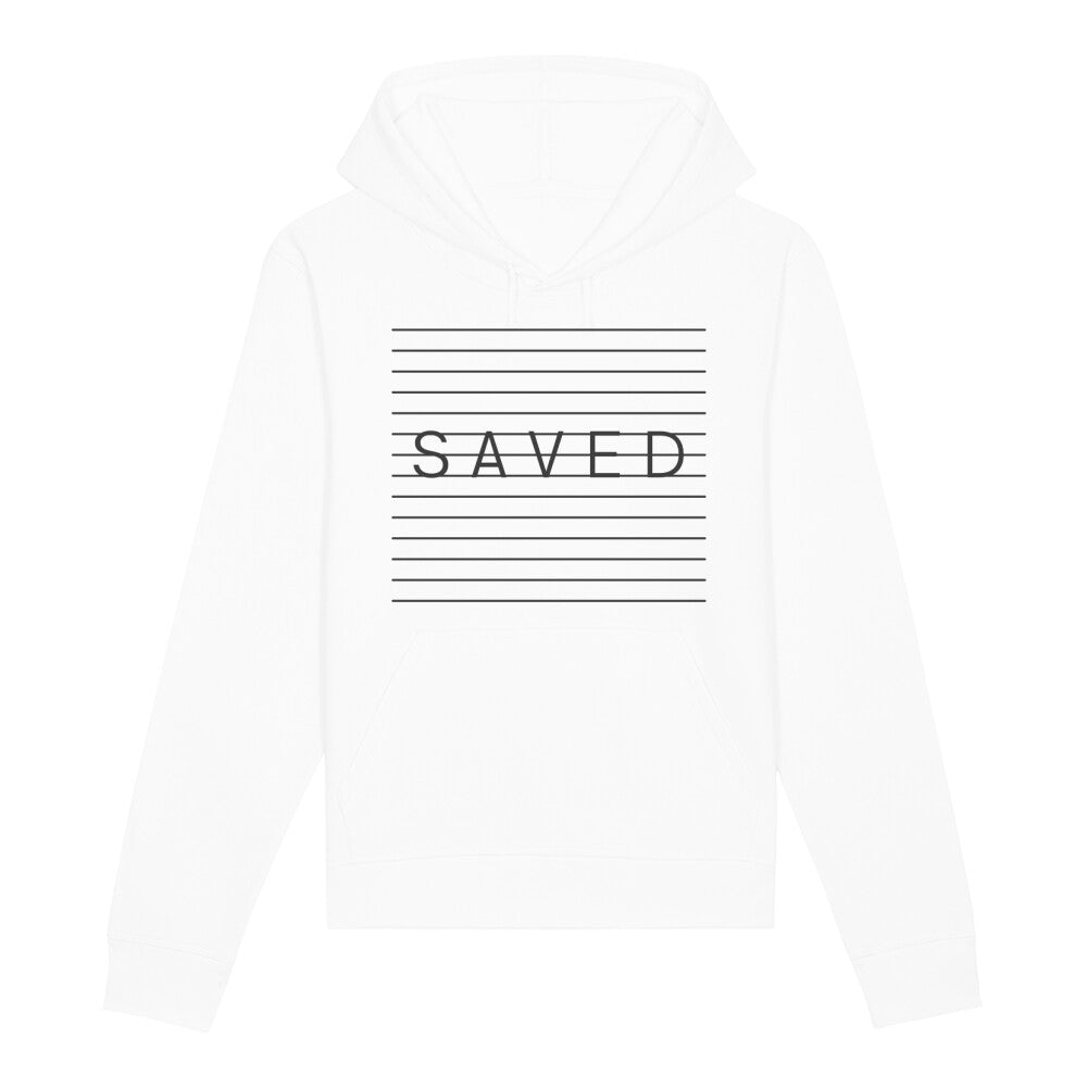 christlicher Hoodie mit einem Unisex-Schnitt in weiß aus Bio-Baumwolle auf der Vorderseite "SAVED" mittig auf der Brust. Erhältlich in den Größen XS bis XXL