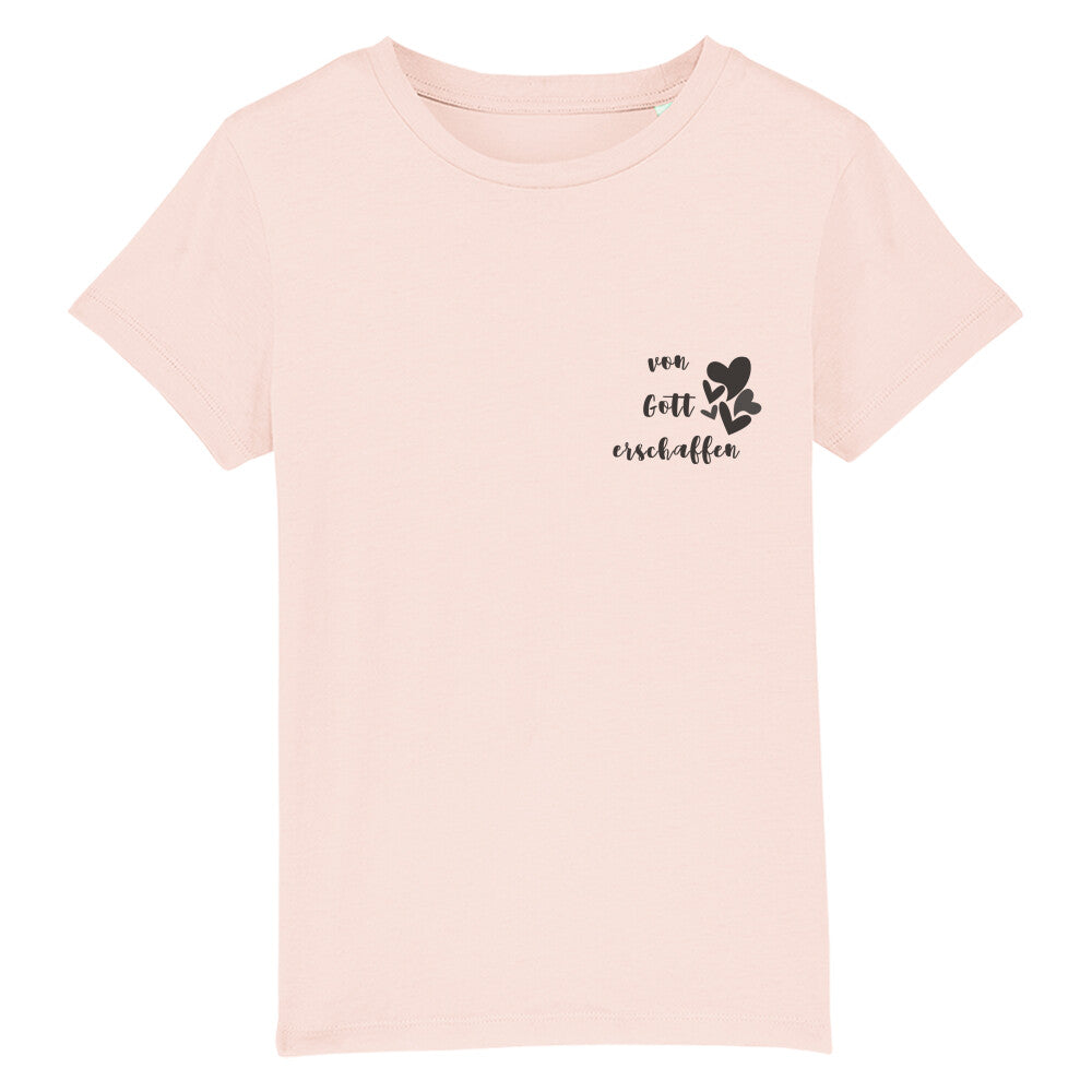 christliches T-Shirt für Kinder mit einem Unisex-Schnitt in pink aus 100 % Bio-Baumwolle rechts auf der Brust "von Gott erschaffen" mit Herzchen. Erhältlich in den Größen 98/104 bis 152/164