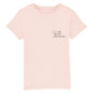 christliches T-Shirt für Kinder mit einem Unisex-Schnitt in pink aus 100 % Bio-Baumwolle rechts auf der Brust "von Gott erschaffen" mit einer Glühlampe. Erhältlich in den Größen 98/104 bis 152/164