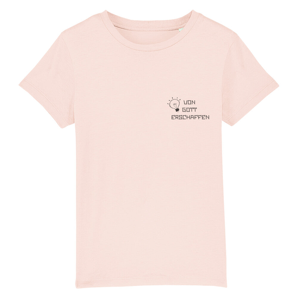 christliches T-Shirt für Kinder mit einem Unisex-Schnitt in pink aus 100 % Bio-Baumwolle rechts auf der Brust "von Gott erschaffen" mit einer Glühlampe. Erhältlich in den Größen 98/104 bis 152/164