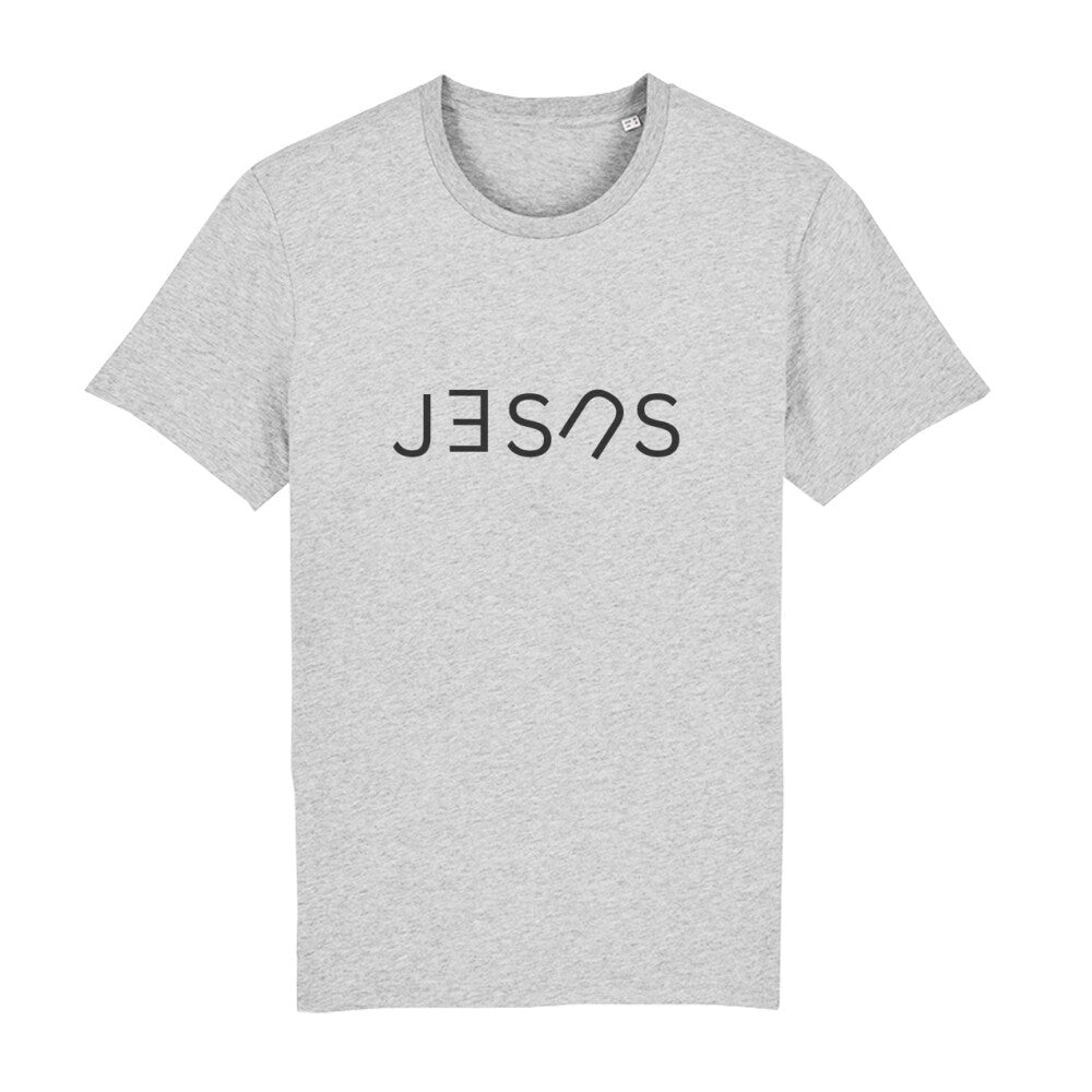 christliches T-Shirt mit einem Unisex-Schnitt in grau aus 100 % Bio-Baumwolle auf der Vorderseite "JESUS" mittig auf der Brust. Erhältlich in den Größen S bis XXL