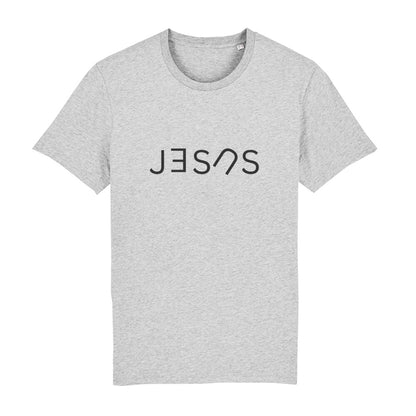 christliches T-Shirt mit einem Unisex-Schnitt in grau aus 100 % Bio-Baumwolle auf der Vorderseite "JESUS" mittig auf der Brust. Erhältlich in den Größen S bis XXL