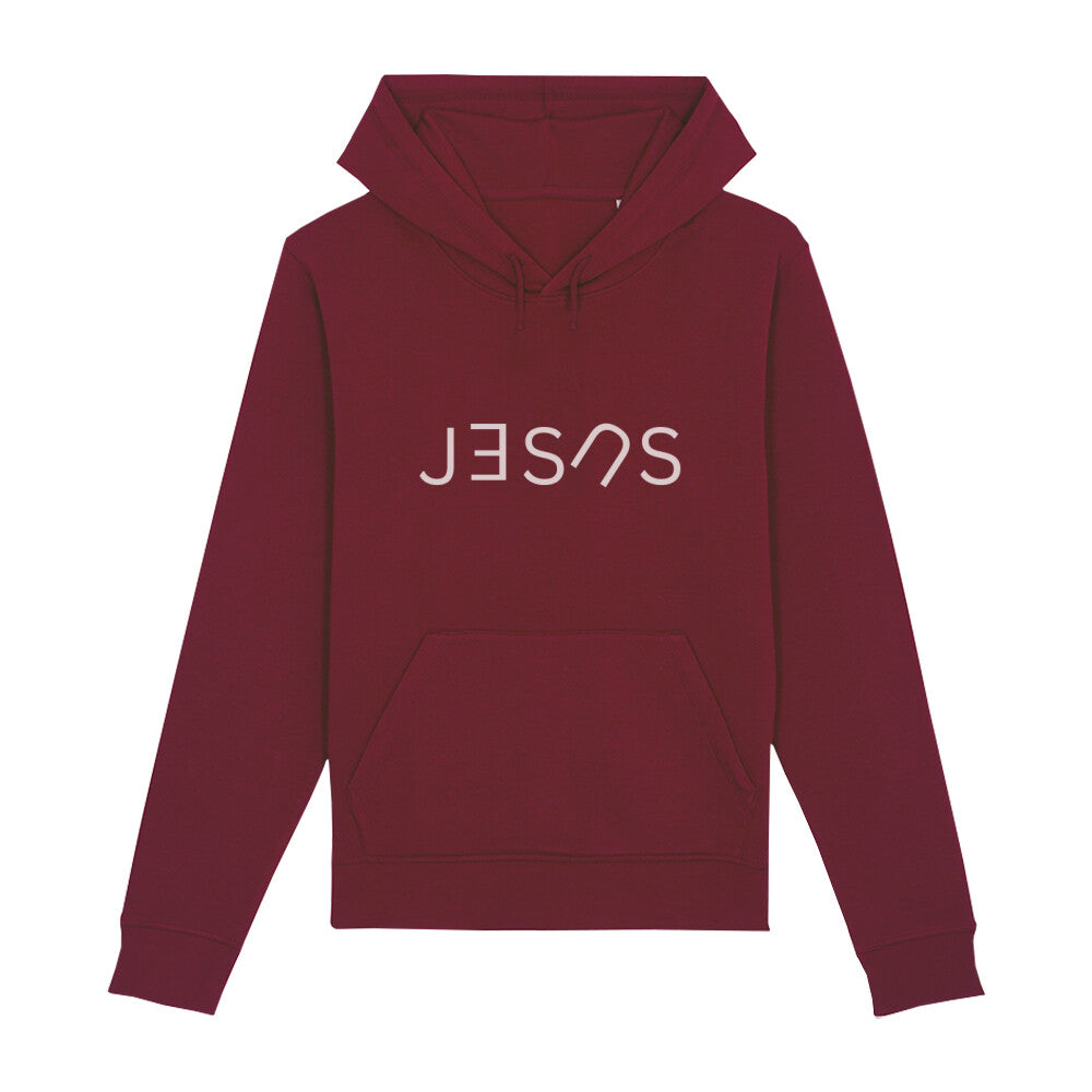 christlicher Hoodie mit einem Unisex-Schnitt in dunkelrot aus Bio-Baumwolle auf der Vorderseite "JESUS" mittig auf der Brust. Erhältlich in den Größen XS bis XXL