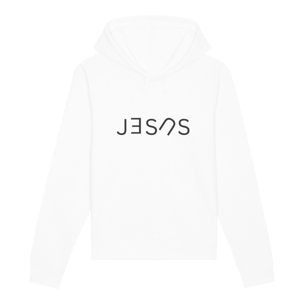 christlicher Hoodie mit einem Unisex-Schnitt in weiß aus Bio-Baumwolle auf der Vorderseite "JESUS" mittig auf der Brust. Erhältlich in den Größen XS bis XXL