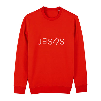 christliches Sweatshirt mit einem Unisex-Schnitt in feuerrot aus Bio-Baumwolle auf der Vorderseite "JESUS" mittig auf der Brust. Erhältlich in den Größen XS bis XXL