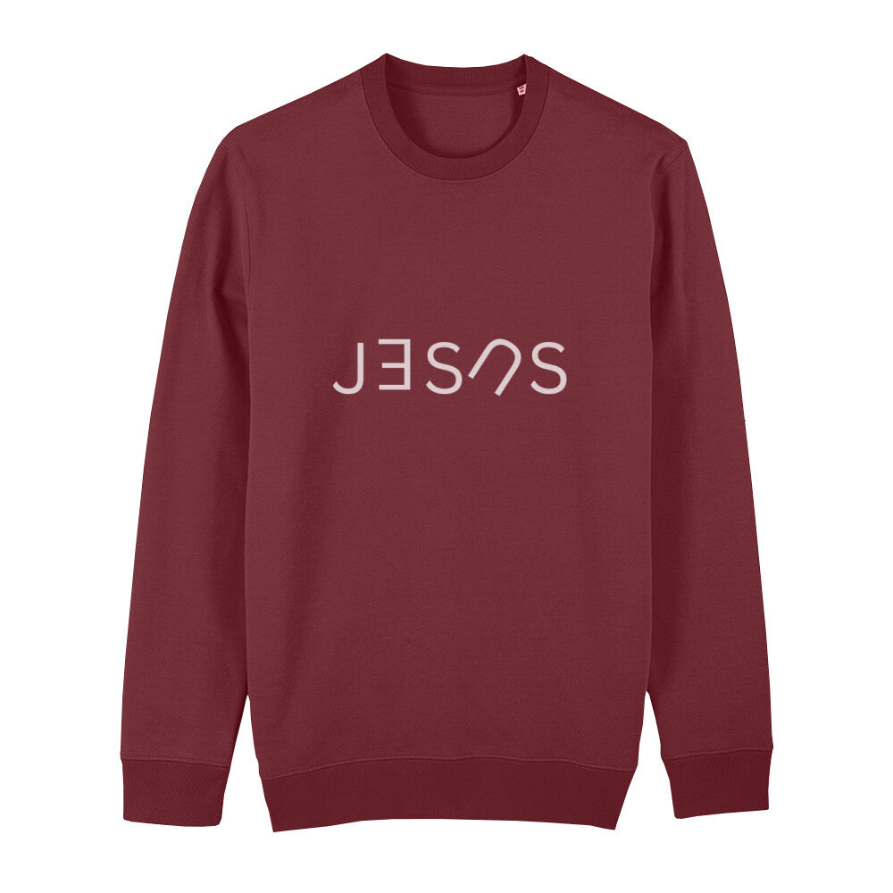 christliches Sweatshirt mit einem Unisex-Schnitt in dunkelrot aus Bio-Baumwolle auf der Vorderseite "JESUS" mittig auf der Brust. Erhältlich in den Größen XS bis XXL