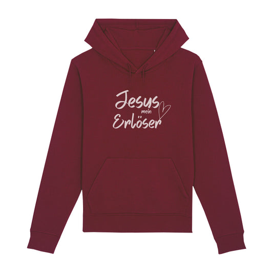 christlicher Hoodie mit einem Unisex-Schnitt in dunkelrot aus Bio-Baumwolle auf der Vorderseite "JESUS mein Erlöser" mittig auf der Brust. Erhältlich in den Größen XS bis XXL