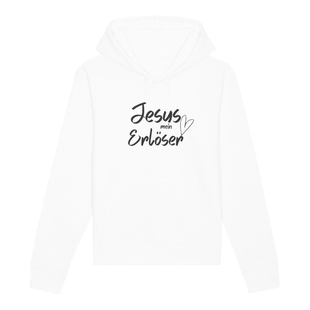 christlicher Hoodie mit einem Unisex-Schnitt in weiß aus Bio-Baumwolle auf der Vorderseite "JESUS mein Erlöser" mittig auf der Brust. Erhältlich in den Größen XS bis XXL