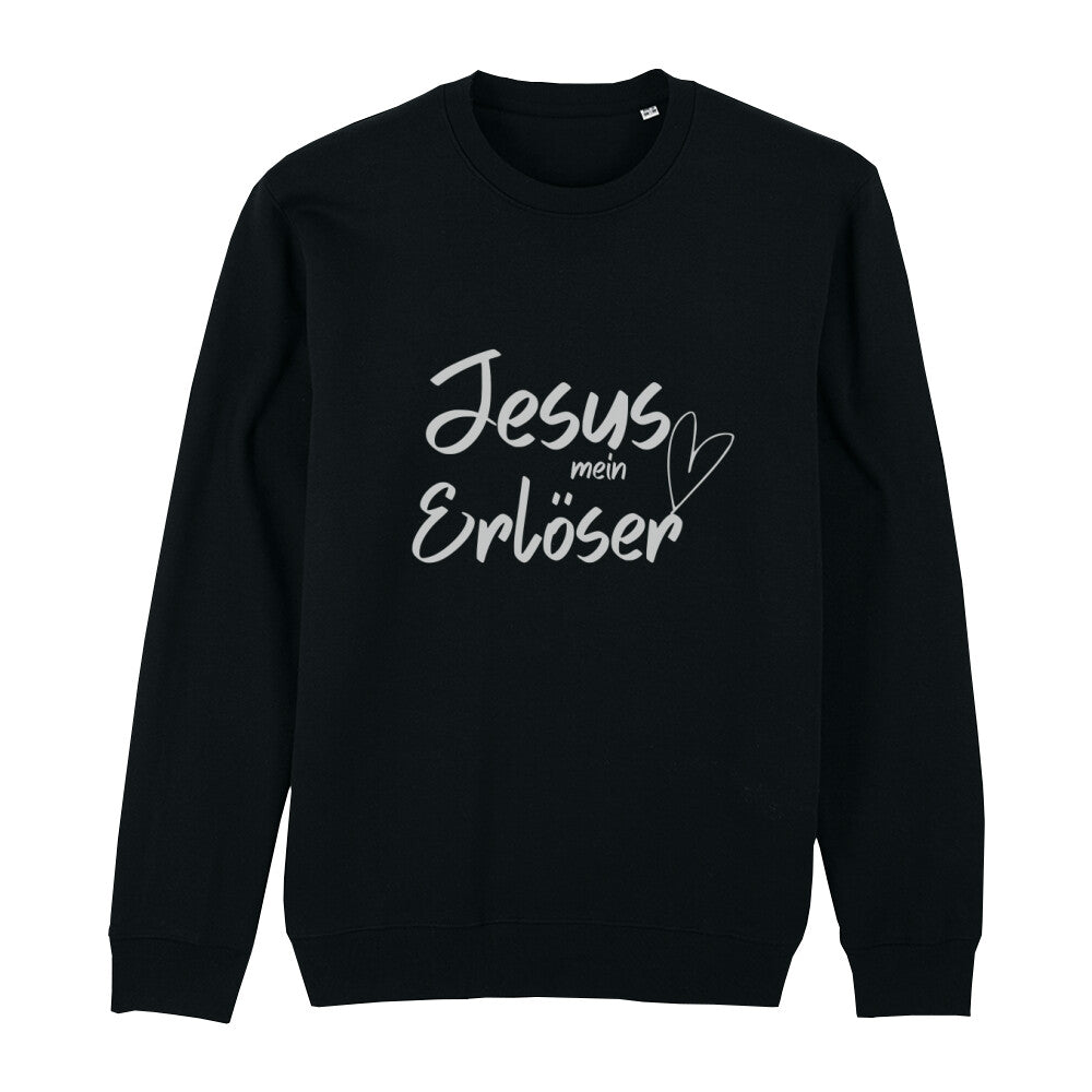 christliches Sweatshirt mit einem Unisex-Schnitt in schwarz aus Bio-Baumwolle auf der Vorderseite "Jesus mein Erlöser" mittig auf der Brust. Erhältlich in den Größen XS bis XXL