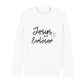 christliches Sweatshirt mit einem Unisex-Schnitt in weiß aus Bio-Baumwolle auf der Vorderseite "Jesus mein Erlöser" mittig auf der Brust. Erhältlich in den Größen XS bis XXL