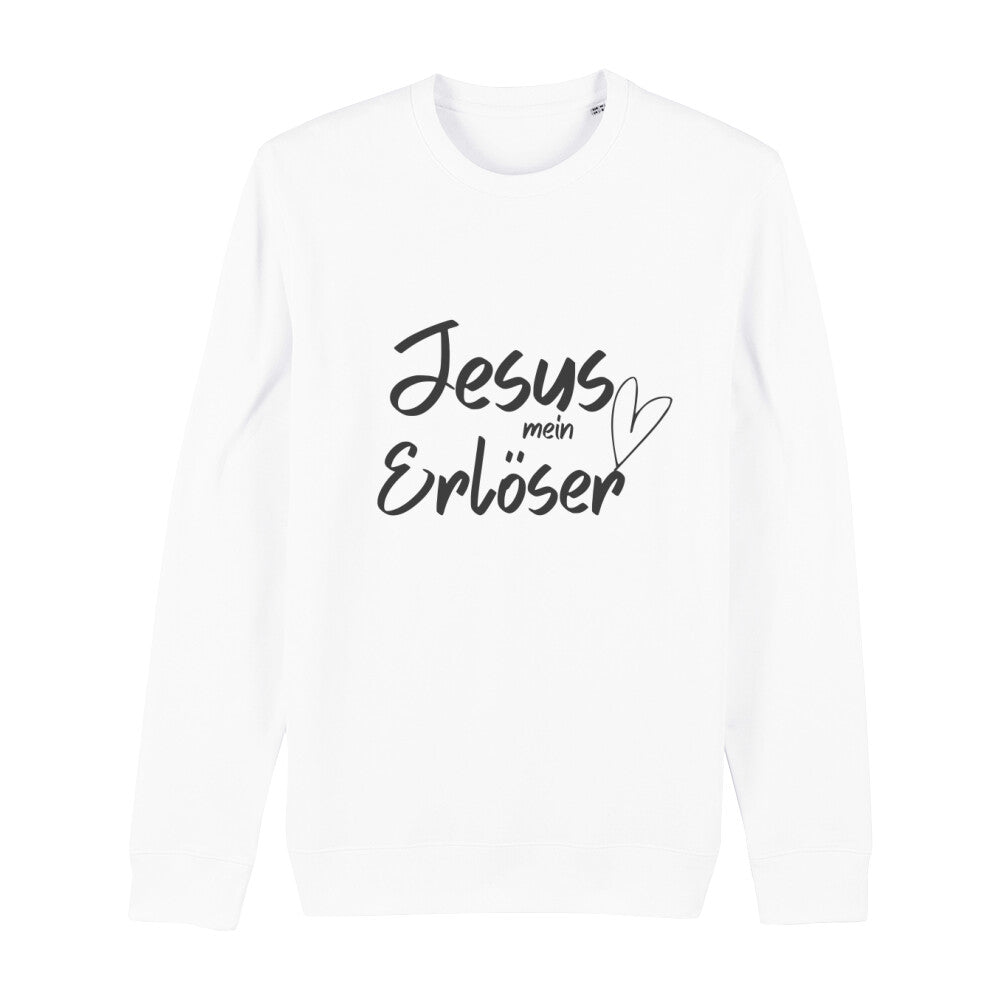 christliches Sweatshirt mit einem Unisex-Schnitt in weiß aus Bio-Baumwolle auf der Vorderseite "Jesus mein Erlöser" mittig auf der Brust. Erhältlich in den Größen XS bis XXL