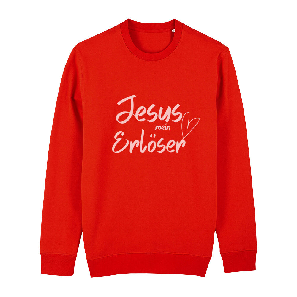 christliches Sweatshirt mit einem Unisex-Schnitt in feuerrot aus Bio-Baumwolle auf der Vorderseite "Jesus mein Erlöser" mittig auf der Brust. Erhältlich in den Größen XS bis XXL