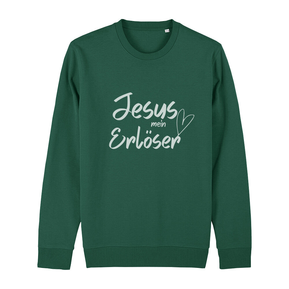 christliches Sweatshirt mit einem Unisex-Schnitt in dunkelgrün aus Bio-Baumwolle auf der Vorderseite "Jesus mein Erlöser" mittig auf der Brust. Erhältlich in den Größen XS bis XXL