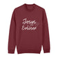 christliches Sweatshirt mit einem Unisex-Schnitt in dunkelrot aus Bio-Baumwolle auf der Vorderseite "Jesus mein Erlöser" mittig auf der Brust. Erhältlich in den Größen XS bis XXL