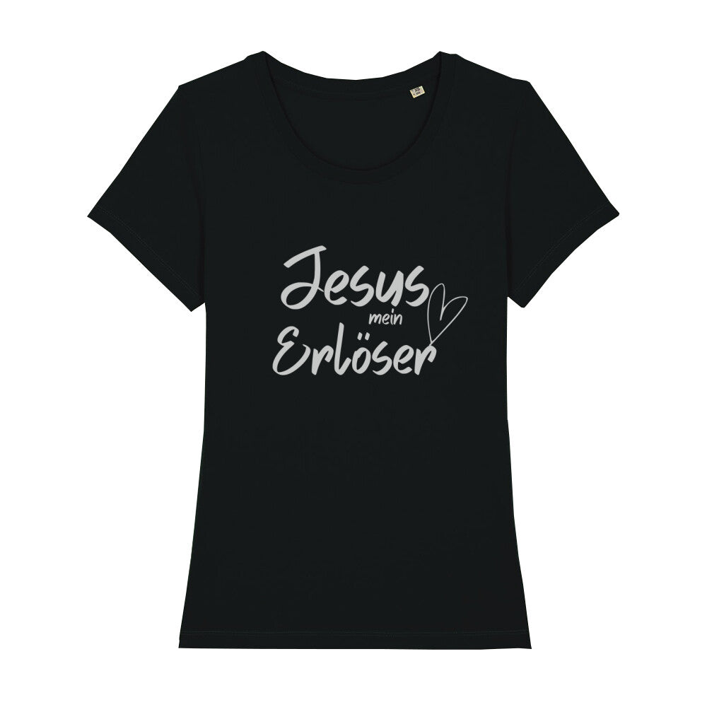 christliches T-Shirt mit einem Frauen-Schnitt in schwarz aus 100 % Bio-Baumwolle mittig auf der Brust "Jesus mein Erlöser". Erhältlich in den Größen XS bis XXL