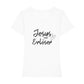 christliches T-Shirt mit einem Frauen-Schnitt in weiß aus 100 % Bio-Baumwolle mittig auf der Brust "Jesus mein Erlöser". Erhältlich in den Größen XS bis XXL