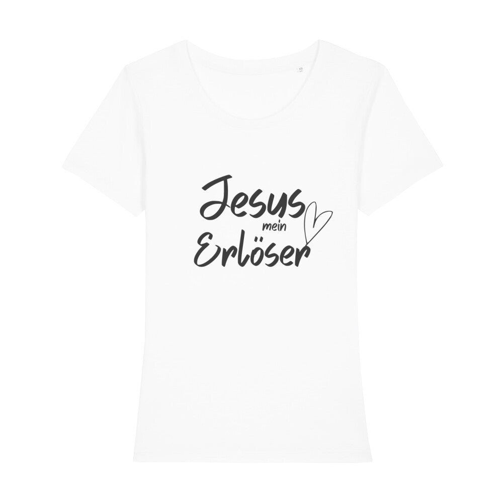 christliches T-Shirt mit einem Frauen-Schnitt in weiß aus 100 % Bio-Baumwolle mittig auf der Brust "Jesus mein Erlöser". Erhältlich in den Größen XS bis XXL