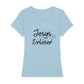 christliches T-Shirt mit einem Frauen-Schnitt in hellblau aus 100 % Bio-Baumwolle mittig auf der Brust "Jesus mein Erlöser". Erhältlich in den Größen XS bis XXL