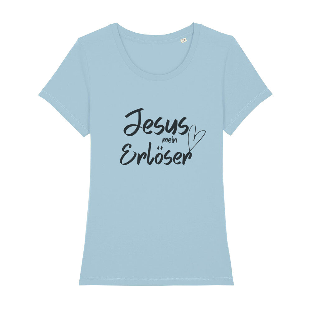 christliches T-Shirt mit einem Frauen-Schnitt in hellblau aus 100 % Bio-Baumwolle mittig auf der Brust "Jesus mein Erlöser". Erhältlich in den Größen XS bis XXL