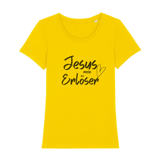 christliches T-Shirt mit einem Frauen-Schnitt in gelb aus 100 % Bio-Baumwolle mittig auf der Brust "Jesus mein Erlöser". Erhältlich in den Größen XS bis XXL