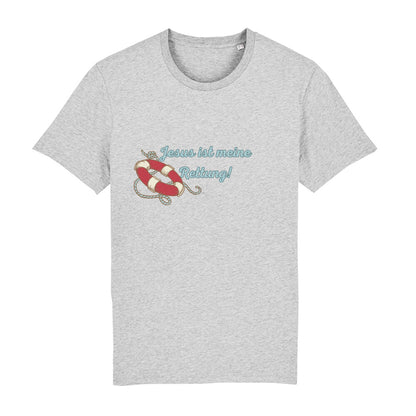 christliches T-Shirt mit einem Unisex-Schnitt in grau aus 100 % Bio-Baumwolle auf der Vorderseite mittig auf der Brust "Jesus ist meine Rettung!" mit einem Rettungsring. Erhältlich in den Größen S bis XXL