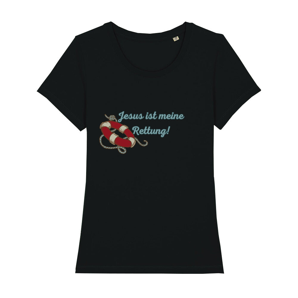 christliches T-Shirt mit einem Frauen-Schnitt in schwarz aus 100 % Bio-Baumwolle mittig auf der Brust "Jesus ist meine Rettung!" mit einem Rettungsring. Erhältlich in den Größen XS bis XXL