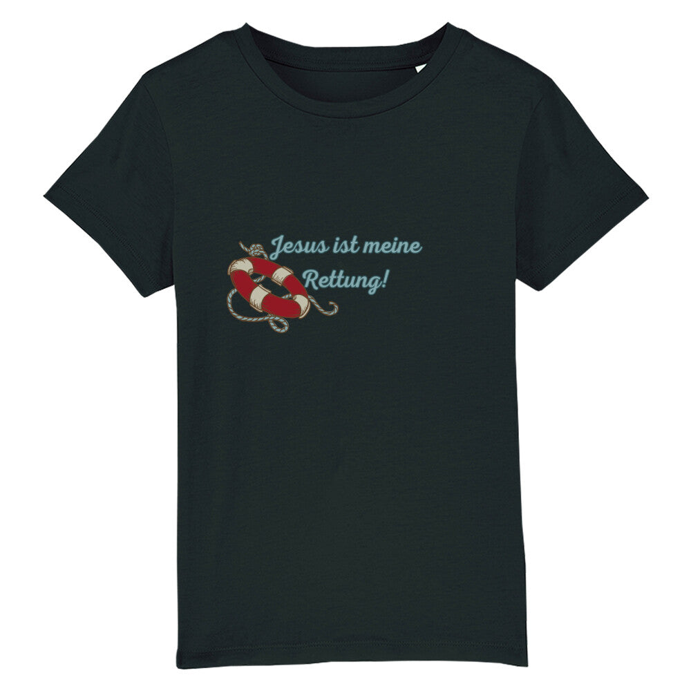 christliches T-Shirt für Kinder mit einem Unisex-Schnitt in schwarz aus 100 % Bio-Baumwolle mittig auf der Brust "Jesus ist meine Rettung!" mit einem Rettungsring. Erhältlich in den Größen 98/104 bis 152/164