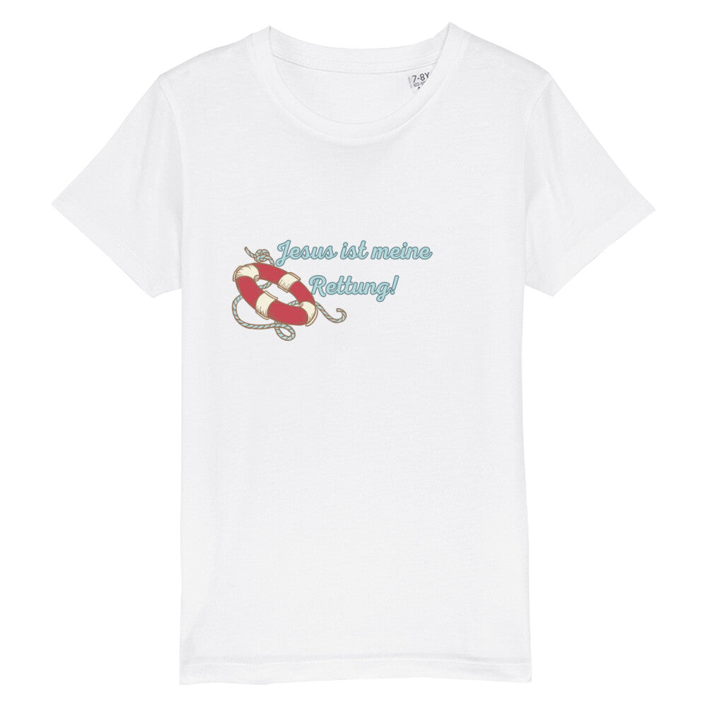 christliches T-Shirt für Kinder mit einem Unisex-Schnitt in weiß aus 100 % Bio-Baumwolle mittig auf der Brust "Jesus ist meine Rettung!" mit einem Rettungsring. Erhältlich in den Größen 98/104 bis 152/164