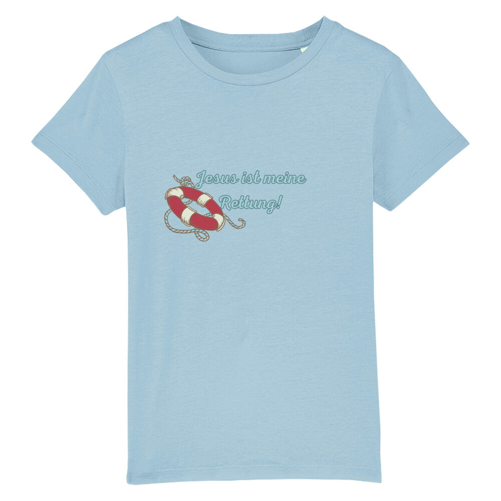 christliches T-Shirt für Kinder mit einem Unisex-Schnitt in hellblau aus 100 % Bio-Baumwolle mittig auf der Brust "Jesus ist meine Rettung!" mit einem Rettungsring. Erhältlich in den Größen 98/104 bis 152/164