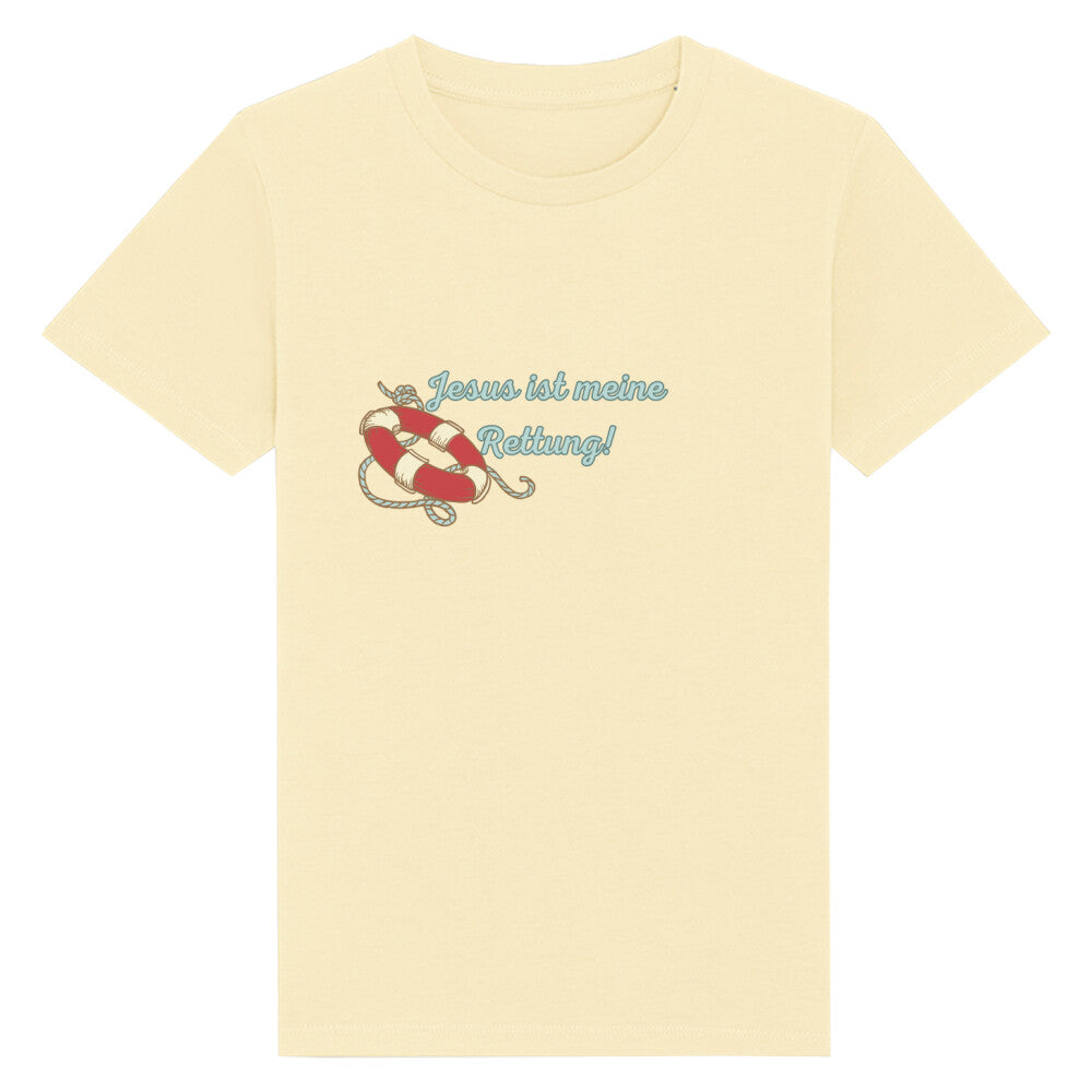 christliches T-Shirt für Kinder mit einem Unisex-Schnitt in hellgelb aus 100 % Bio-Baumwolle mittig auf der Brust "Jesus ist meine Rettung!" mit einem Rettungsring. Erhältlich in den Größen 98/104 bis 152/164