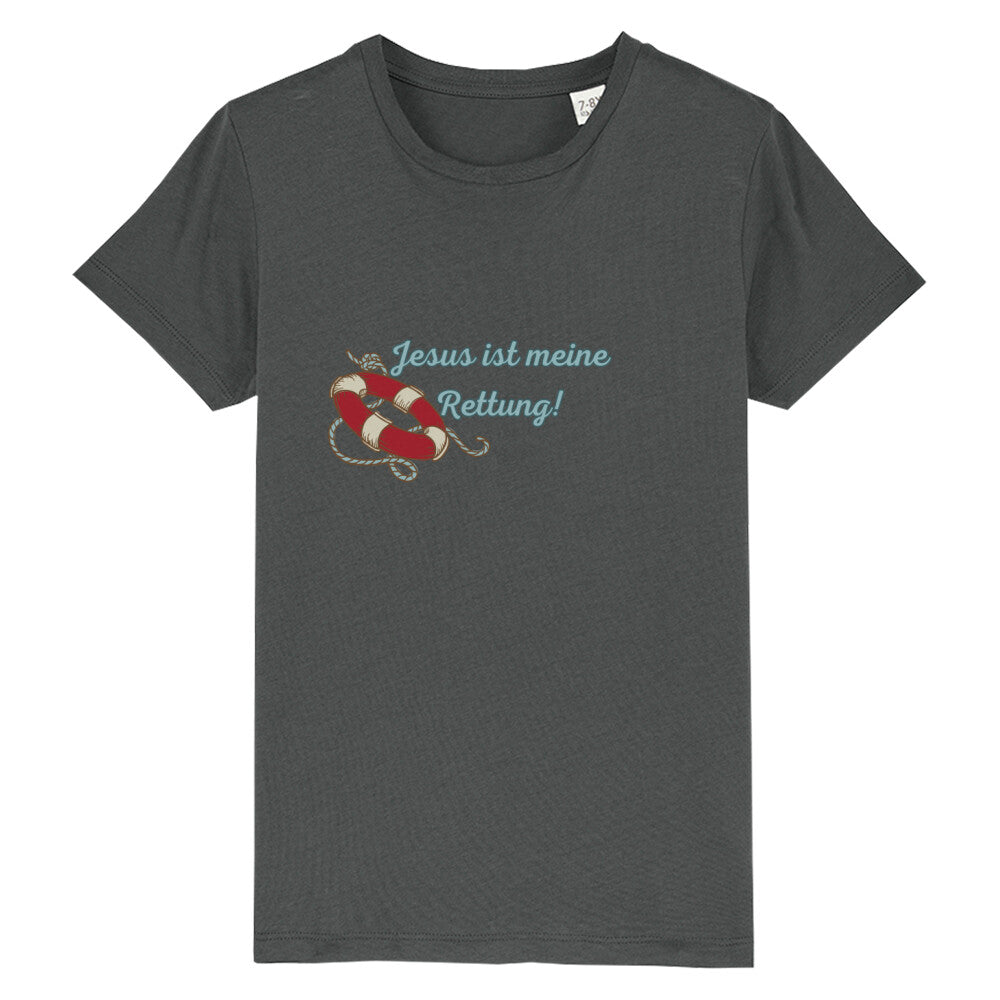 christliches T-Shirt für Kinder mit einem Unisex-Schnitt in anthrazit aus 100 % Bio-Baumwolle mittig auf der Brust "Jesus ist meine Rettung!" mit einem Rettungsring. Erhältlich in den Größen 98/104 bis 152/164