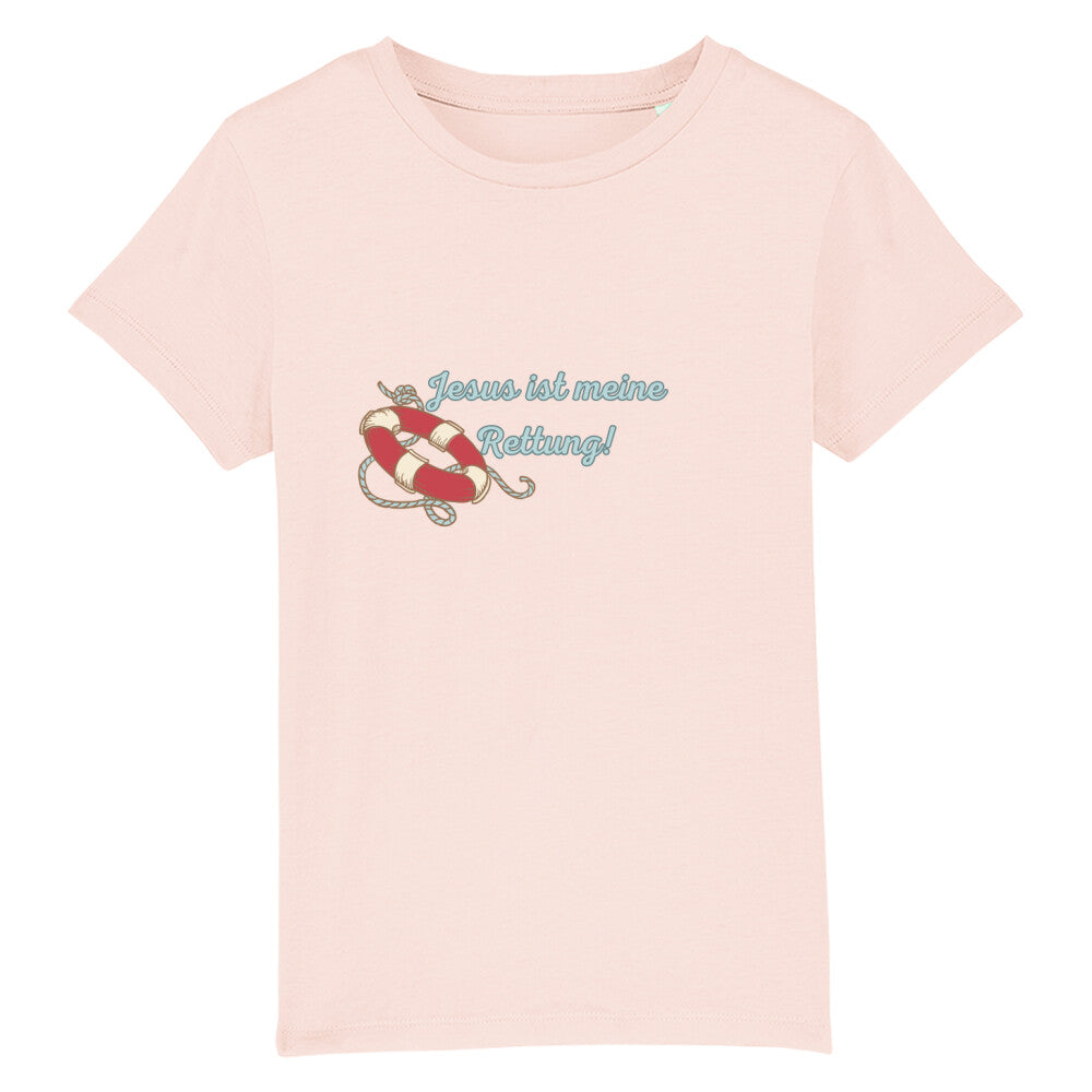 christliches T-Shirt für Kinder mit einem Unisex-Schnitt in pink aus 100 % Bio-Baumwolle mittig auf der Brust "Jesus ist meine Rettung!" mit einem Rettungsring. Erhältlich in den Größen 98/104 bis 152/164