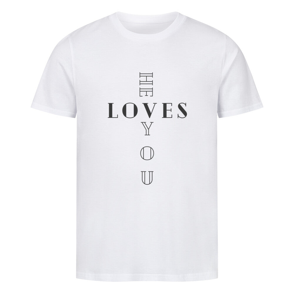 christliches T-Shirt mit einem Unisex-Schnitt in weiß aus 100 % Bio-Baumwolle "he LOVES you" aus unserer he... Kollektion. Erhältlich in den Größen S bis 4XL