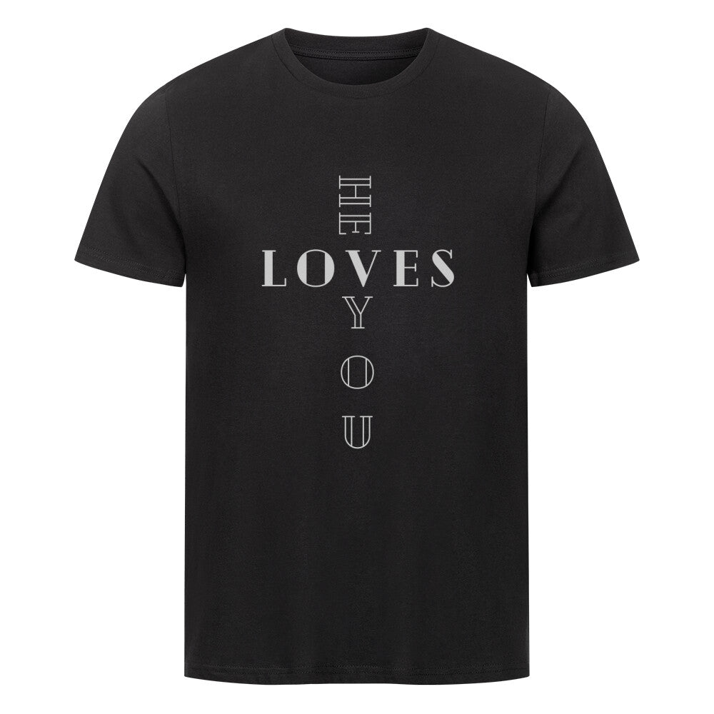 christliches T-Shirt mit einem Unisex-Schnitt in schwarz aus 100 % Bio-Baumwolle "he LOVES you" aus unserer he... Kollektion. Erhältlich in den Größen S bis 4XL