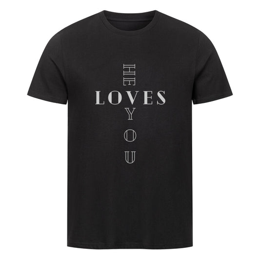 christliches T-Shirt mit einem Unisex-Schnitt in schwarz aus 100 % Bio-Baumwolle "he LOVES you" aus unserer he... Kollektion. Erhältlich in den Größen S bis 4XL