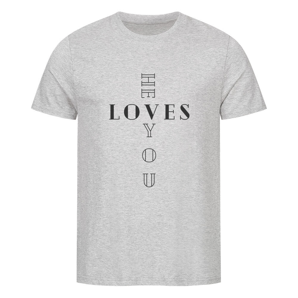 christliches T-Shirt mit einem Unisex-Schnitt in grau aus 100 % Bio-Baumwolle "he LOVES you" aus unserer he... Kollektion. Erhältlich in den Größen S bis XXL