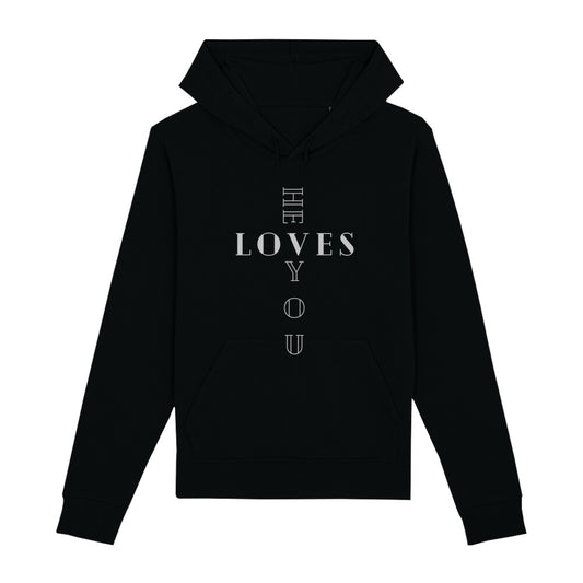 christlicher Hoodie mit einem Unisex-Schnitt in schwarz aus Bio-Baumwolle "he LOVES you" aus unserer he... Kollektion. Erhältlich in den Größen XS bis XXL