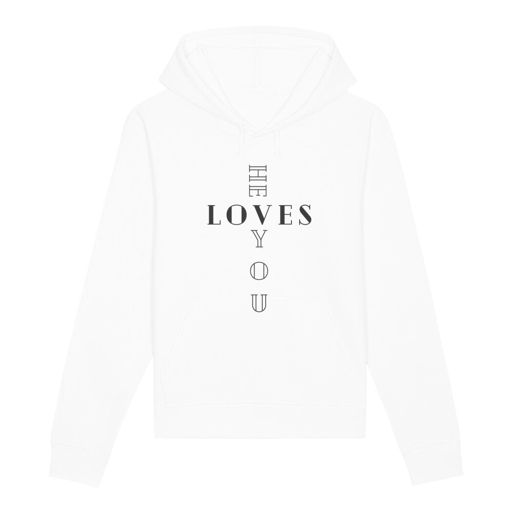 christlicher Hoodie mit einem Unisex-Schnitt in weiß aus Bio-Baumwolle "he LOVES you" aus unserer he... Kollektion. Erhältlich in den Größen XS bis XXL