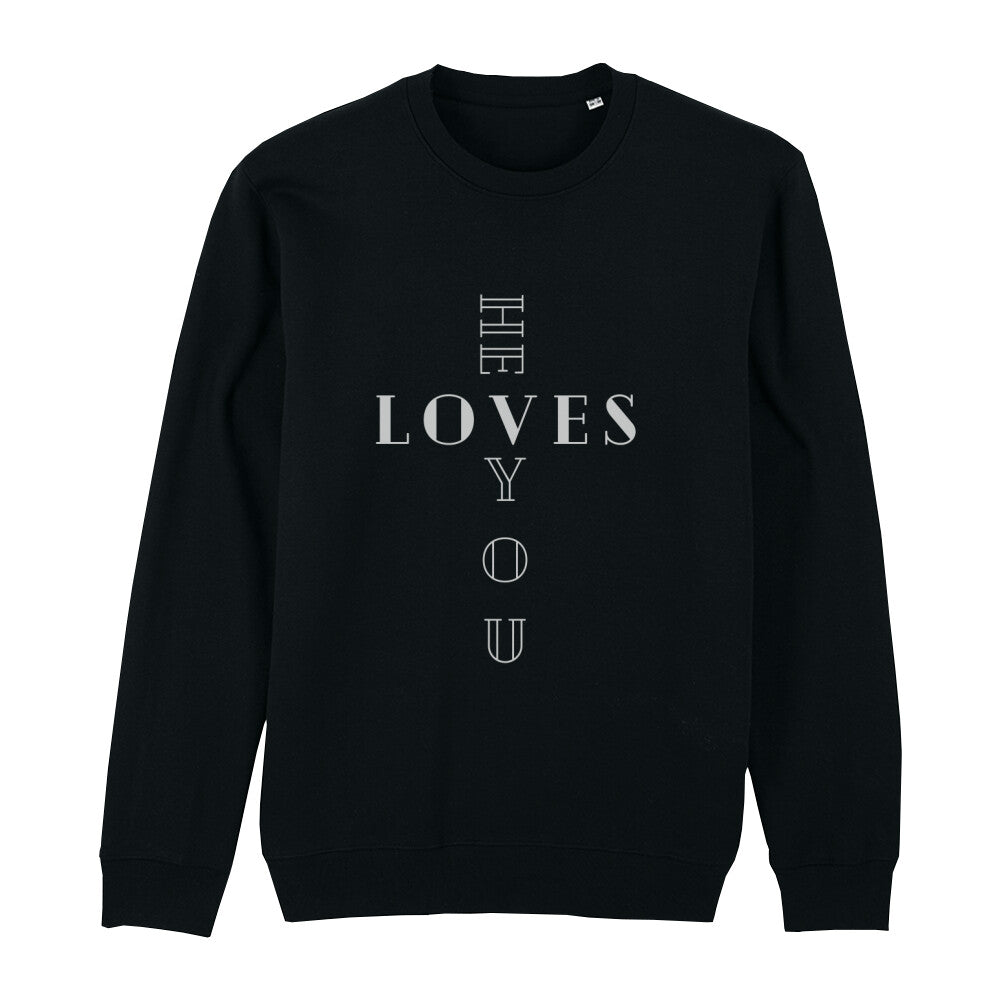 christliches Sweatshirt mit einem Unisex-Schnitt in schwarz aus Bio-Baumwolle "he LOVES you" aus unserer he... Kollektion. Erhältlich in den Größen XS bis XXL